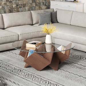 Zeus & Ruta 35.4" Walnut Round Coffee Table with Glass Top, Geometric Art Deco Base & Storage Shelves - 1 of 4