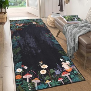 Washable Modern Forest Printed Rug Non Slip Low Pile Rug Soft Animals Floral Throw Floor Cover Foldable Indoor Carpet for Living Room Bedroom Playroom - 1 of 4