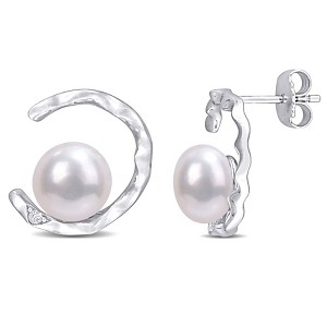 EVERLY JEWELRY | Sterling Silver 7.5 - 8 MM Cultured Freshwater Pearl and Created White Sapphire Open Wave Stud Earrings - 1 of 4