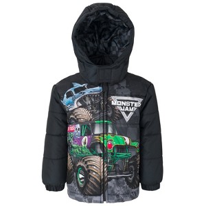 Monster Jam Grave Digger El Toro Loco Megalodon Zip Up Puffer Jacket Toddler - 1 of 4