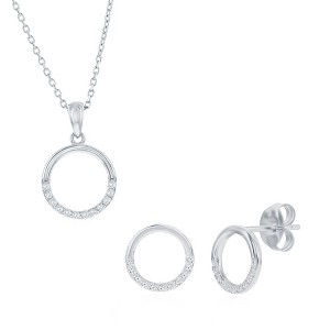 Bella Silver Sterling Silver, Polished & CZ Circle Necklace & Earrings Set - Silver - 16+2 Inch - 1 of 4