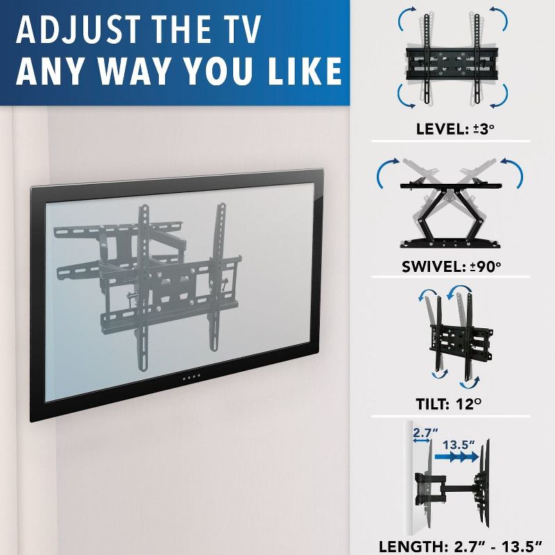 Mount-It! Articulating TV Wall Mount Corner Bracket, Stable Dual Arm Full Motion, Swivel, Tilt Fits 32 to 50 Inch TVs, 115 Lbs. with HDMI Cable, Black, 5 of 10