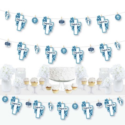 Big Dot of Happiness Confirmation Blue Elegant Cross - Boy Religious Party DIY Decorations - Clothespin Garland Banner - 44 Pieces