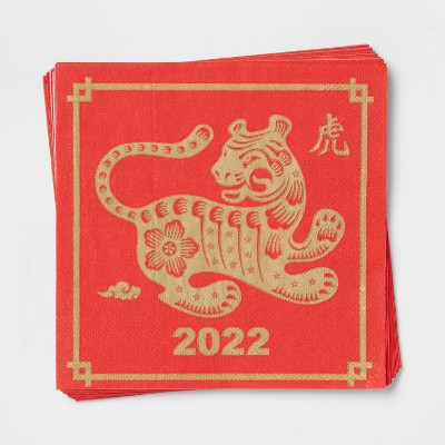 16pk Lunar New Year Year of the Tiger Disposable Lunch Napkin Red/Gold