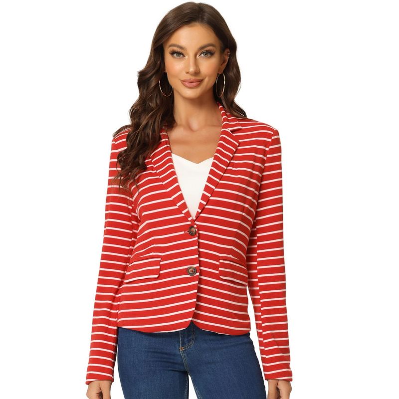 Allegra K Women's Notched Collar Long Sleeve Button Front Striped Blazers, 1 of 7