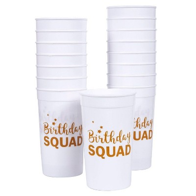 Blue Panda 16-Pack Birthday Squad Disposable Plastic Party Cups, 16 Oz White Tumblers (3 x 5.1 x 3 in)