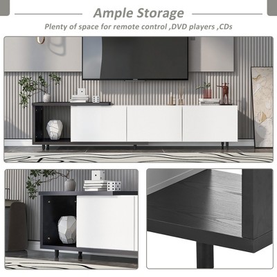TV stand with ample storage and close-up of finish and leg