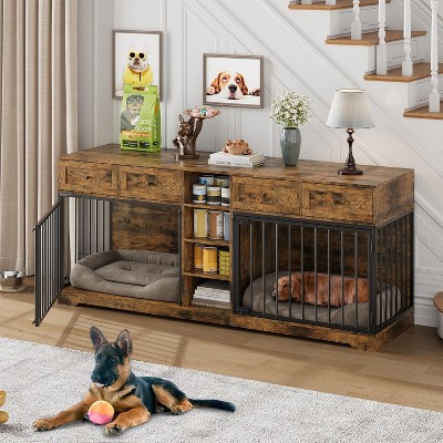 82" Large Dog Crate for 2 Dogs, Dog Kennel Indoor with 4 Drawers and Shelves, Double Dog Crate Furniture TV Stand, Wooden Dog Cage