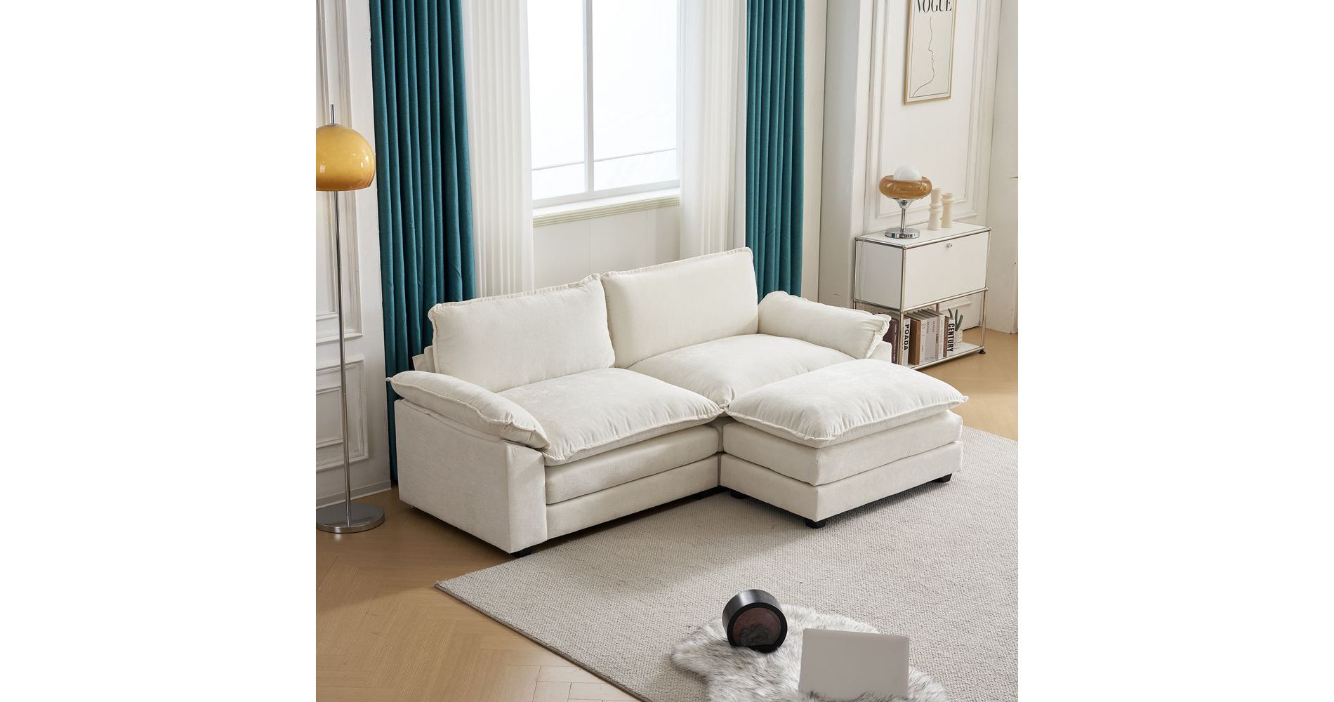 Karl Home |85.4 in. W Pillow Top Arm Double-layer Cushion Chenille Sofa in Blue With Ottoman