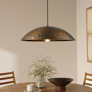 Rennnsan Lurvane 19"W 1-Light Dome Distressed Metal Industrial Dimmable Pendant in Gold - 1 of 4