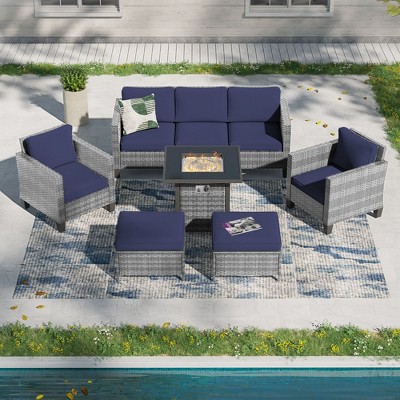 Sonkuki 6 Pieces Patio Sofa with Square Fire Pit Table and Ottomans, Wicker Conversation Couch,  Navy Blue Cushion