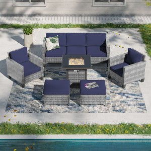 Sonkuki 6 Pieces Patio Sofa with Square Fire Pit Table and Ottomans, Wicker Conversation Couch,  Navy Blue Cushion - 1 of 4