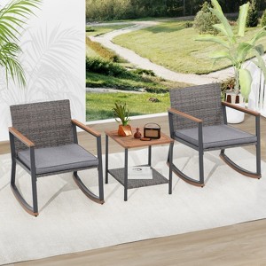 IULULU 3-Pc Outdoor Wicker Rocker Set with Table & Cushions - 1 of 4