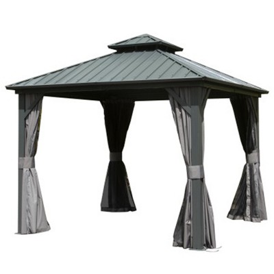 Gloweer Hardtop Gazebo, Outdoor Aluminum Frame Canopy with Galvanized Steel Roof, Permanent Metal Pavilion with Curtains and Netting