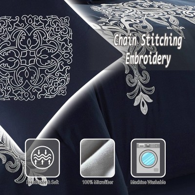 Navy and White Embroidered Queen Comforter Set with Decorative Pillows