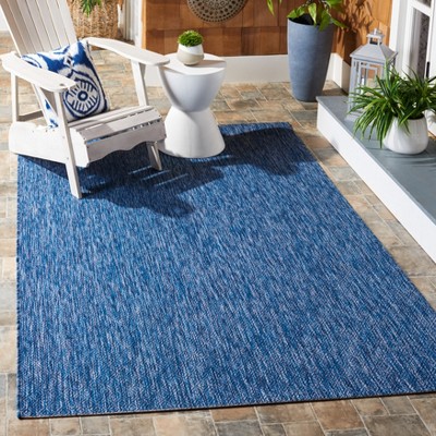 Navy Geometric Low Pile Synthetic Indoor/Outdoor Rug