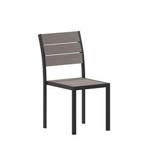 Emma and Oliver Outdoor Stacking Side Chair with Faux Teak Poly Slat Seat, Back and Arms and Metal Frame - 1 of 4