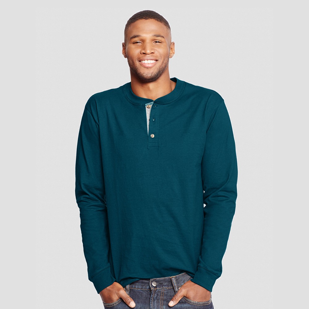 Hanes Men's Long Sleeve Beefy Henley Shirt - Dark Teal XL