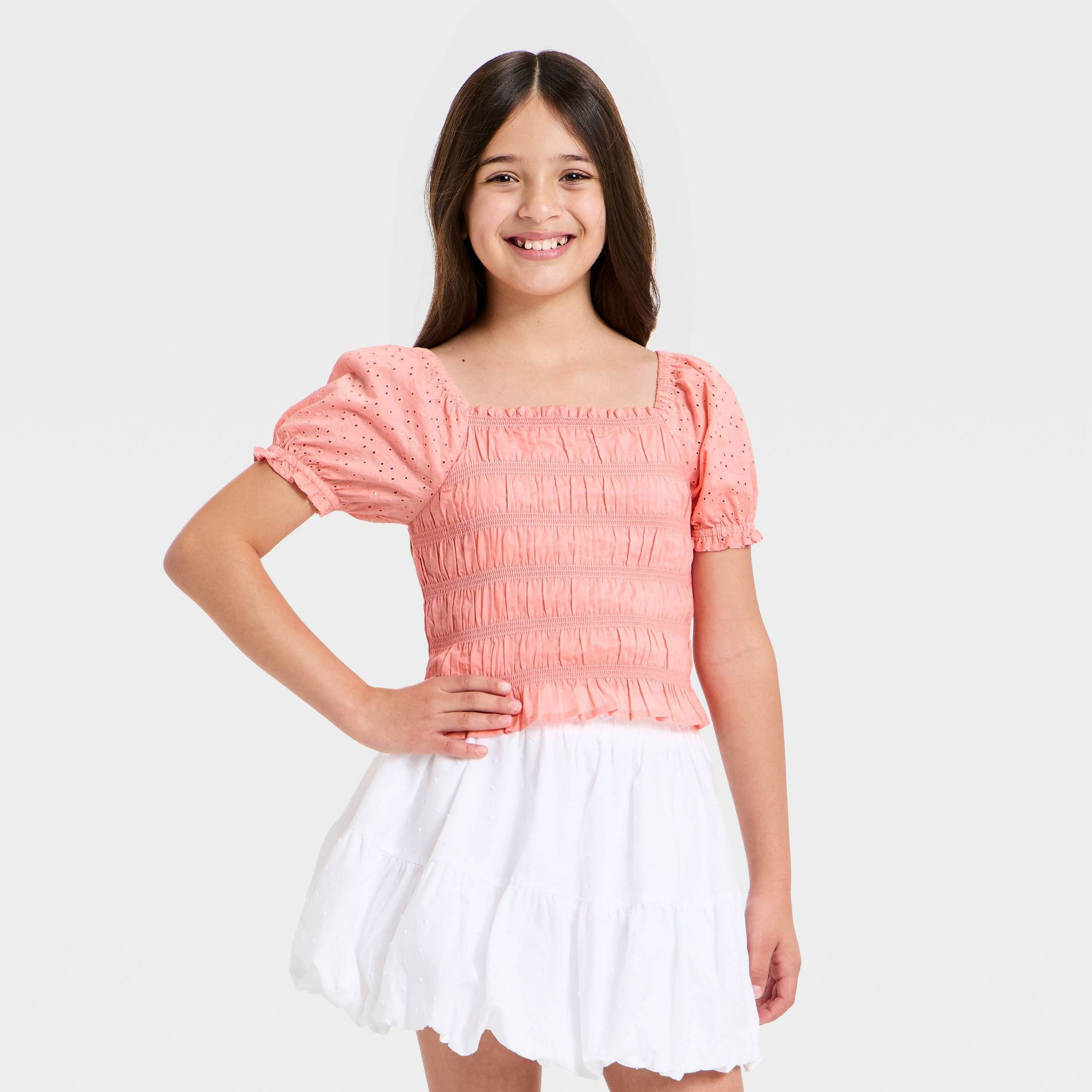 Girls' Short Sleeve Eyelet Smocked Top - Cat & Jack™