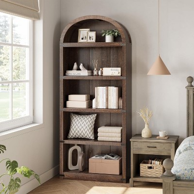 Acekool 5 Shelf Arched Bookcase with Metal Corner Protection, Tall Display Rack for Living Room, Bedroom