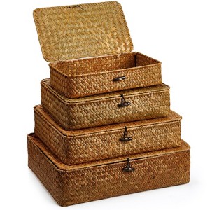 Aoibox Set of 4 Seagrass Wicker Storage Baskets with Lids Decorative Flat Organizer Bins for Shelf Bedroom Closet - 1 of 4