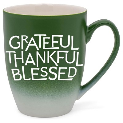 Elanze Designs Grateful Thankful Blessed Two Toned Ombre Matte Green and White 12 ounce Ceramic Stoneware Coffee Cup Mug