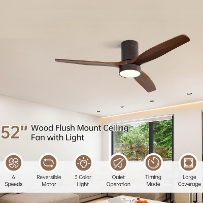 Modern Flush Mount Ceiling Fan 52'' Low Profile Ceiling Fan with Lights and Remote 3 Wood Blades Dimmable LED Reversible DC for Kitchen Bedroom