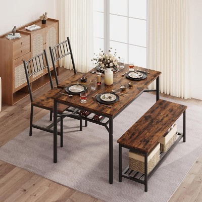 Dining Table Set for 4, Kitchen Table with Chairs and Wine Rack, Rectangular Dining Room Set with Bench for Small Space - Retro Brown.