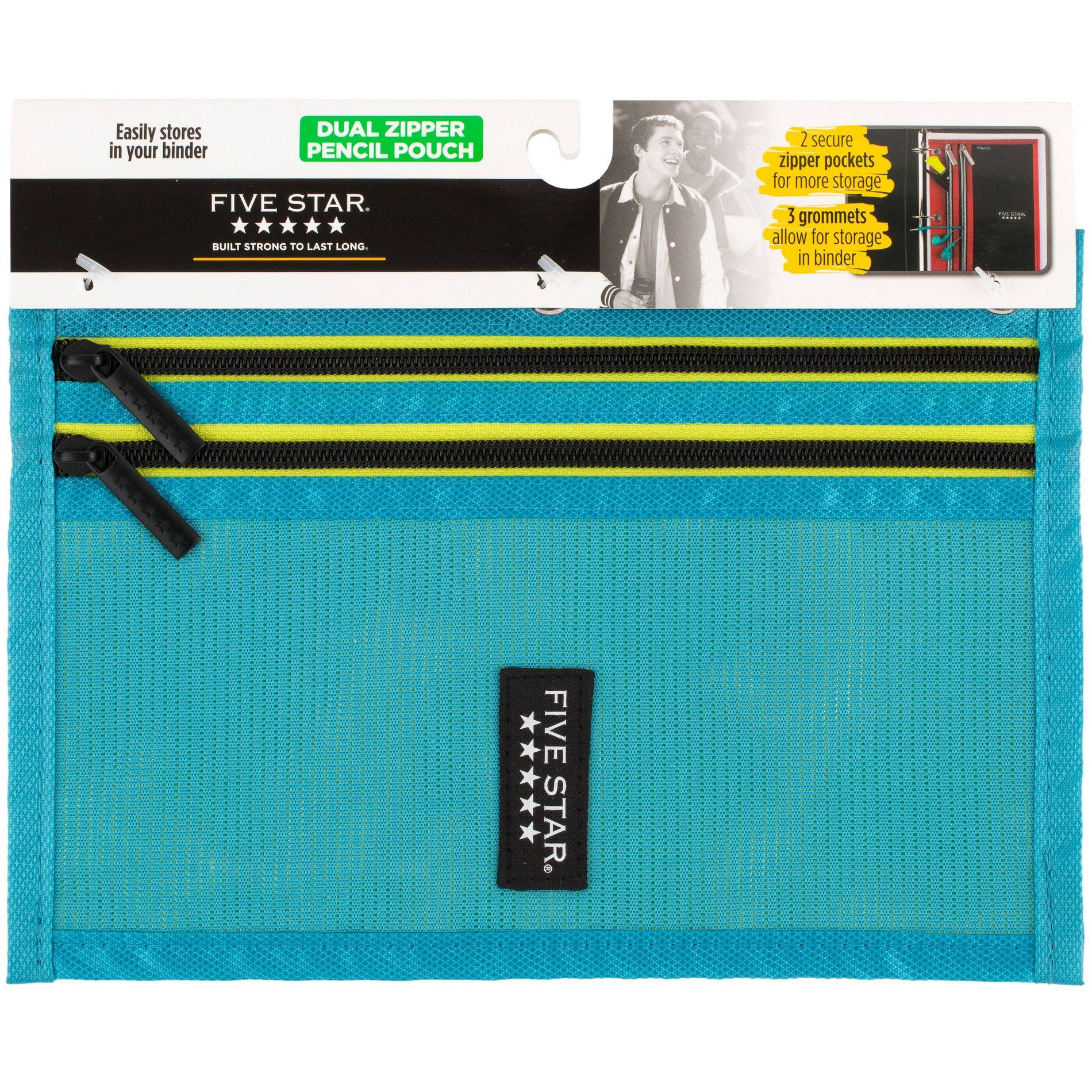 Five Star Dual Zipper Pencil Pouch - Teal: Binder Pencil Bag, Zippered Pouch, Turquoise Blue, Polyester, 10" Width