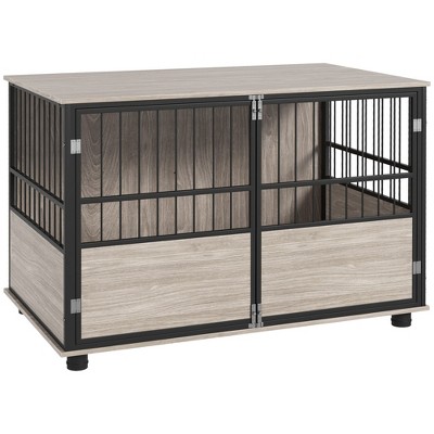 FURNIinspire Pet Crates And Houses Wooden Pet Dog House With 3 Doors, Dog Crate Furniture End Table For All Size Dogs, Brown, 23.6"*39.4"*26.8"