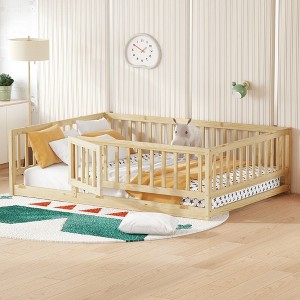 Okak Twin/Full Size Floor Bed, Toddler Bed with Safety Fence & Door, Solid Wood Kids Bed Frame Ground Bed for Kids, Girls, Boys - 1 of 4