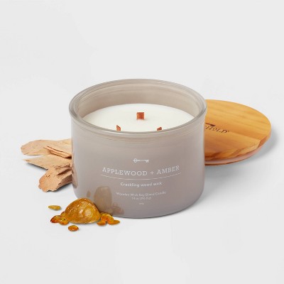 14oz Lidded Gray Glass Jar Crackling Wooden 3-Wick Candle with Clear Label Applewood + Amber - Threshold&#8482;