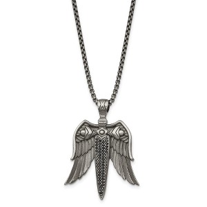 Black Bow Jewelry Stainless Steel Antique White Bronze-Plated & CZ Sword Necklace, 24 In - 1 of 4
