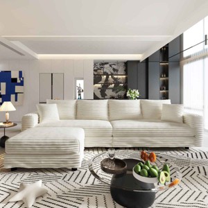 4-Seat Sofa with Ottoman for Living Room, Deep Seat Cloud Couch with Cushions, Plush Corduroy Lounge Sofa with Wood Frame-Coolbibila - 1 of 4