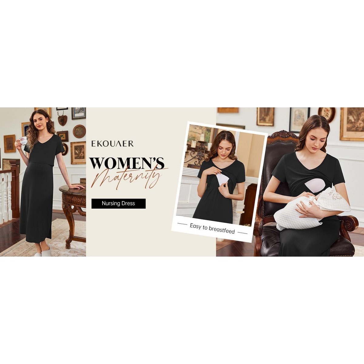Женские платья Ekouaer Women's Nursing Dress Summer V Neck Short Sleeve Maternity Split Long Dresses for Breastfeeding with Pockets Green L — фото 5