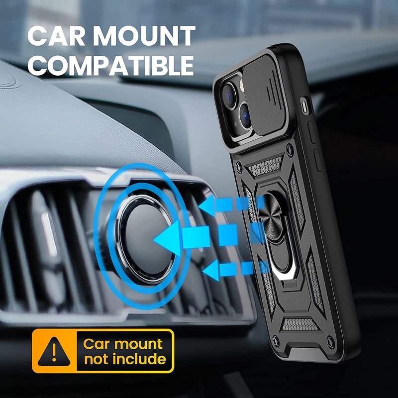 Reiko Kickstand Ring Holder with Slide Camera Cover TPU Magnetic Car Mount for Apple iPhone 13 in Black, 2 of 5