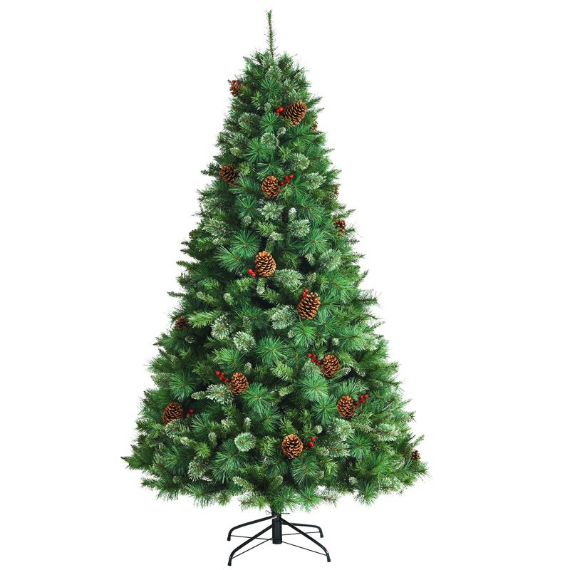 Tangkula 7ft Pre-Decorated Holiday Christmas Tree Unlit Artificial Pine Tree w/ Red Berries, 1 of 11