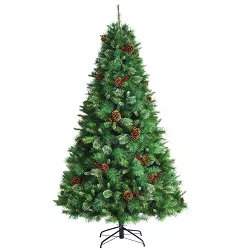 Tangkula 7ft Pre-Decorated Holiday Christmas Tree Unlit Artificial Pine Tree w/ Red Berries