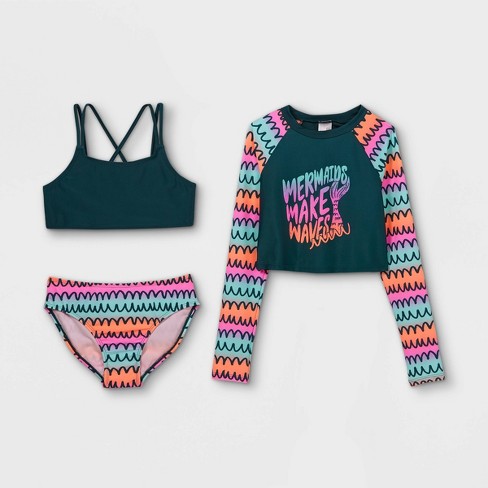 Girls' Mermaid Make Wave Print Cropped Long Sleeve 3pc Bikini Set