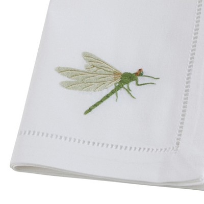 White Cotton Table Napkins with Embroidered Dragonfly Design, Set of 6