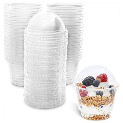Juvale 50 Pack Clear 8 oz Plastic Cups with Lids for Banana Pudding, Ice Cream Sundae, Parfait