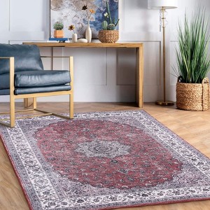 Washable Rug Vintage Floral Distressed Carpet, Ultra-Soft Low Pile Floor Cover Farmhouse Anti-Slip Aesthetic Rug for Living Room Bedroom Dining Room - 1 of 4