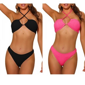 INSPIRE CHIC Women's Halter Bandeau Ribbed Strapless Lace Up Swimwear Bikini Combination Sets - 1 of 4