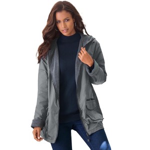 Roaman's Women's Plus Size Hooded Nylon Jacket With Fleece Lining - 1 of 4