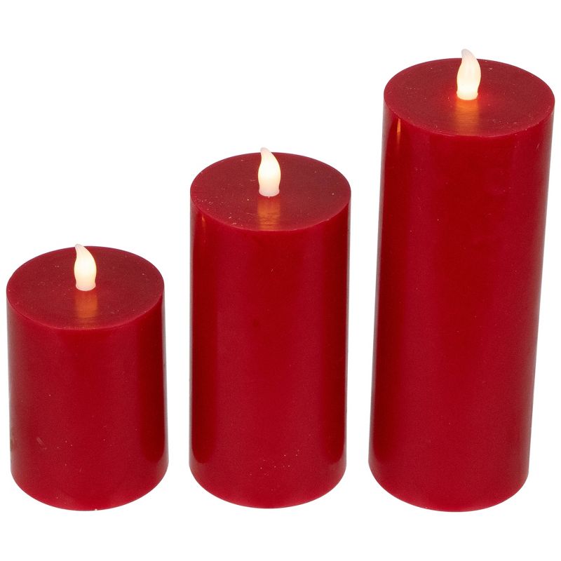 Northlight Set of 3 Flameless Solid Red Flickering LED Wax Pillar Candles 8", 5 of 7