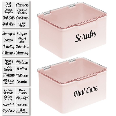 mDesign Stackable Plastic Bathroom Organizer Box, 4 Pack + 32 Labels - Pink