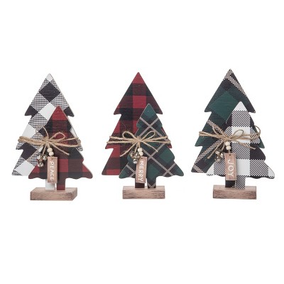 Transpac Wood 9.06 In. Multicolored Christmas Plaid Trees With Bells ...