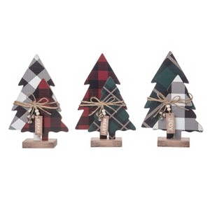 Transpac Wood 9.06 in. Multicolored Christmas Plaid Trees with Bells Set of 3 - 1 of 2