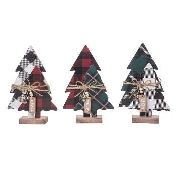 Transpac Wood 9.06 in. Multicolored Christmas Plaid Trees with Bells Set of 3