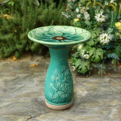 Aqua Green Ceramic Flower Carved Birdbath, 22-Inch Tall